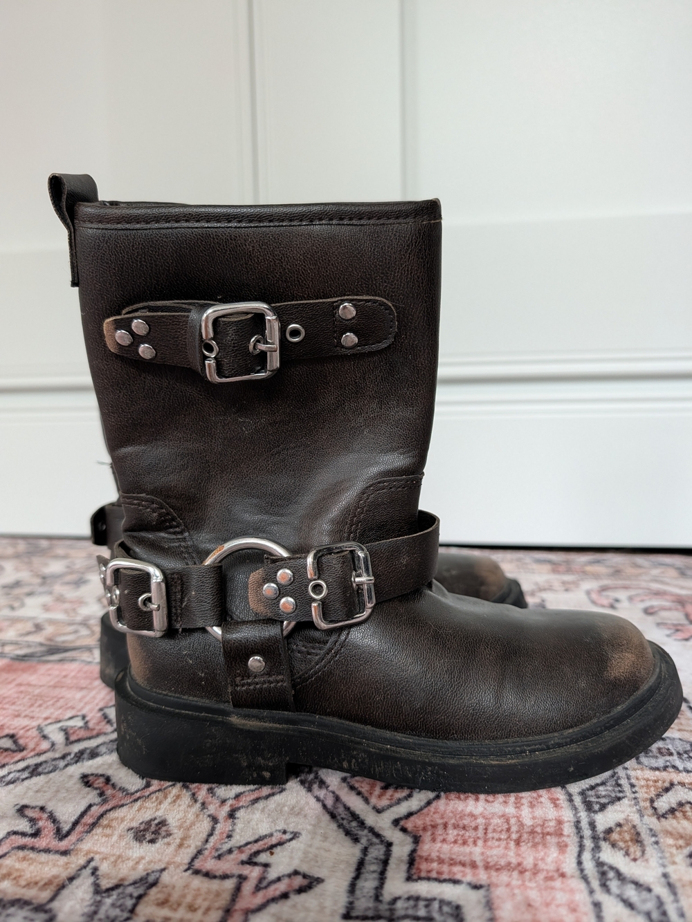 Zara Kids Dark Brown Faux Leather Moto Harness Boots with Silver Buckles 31 12.5